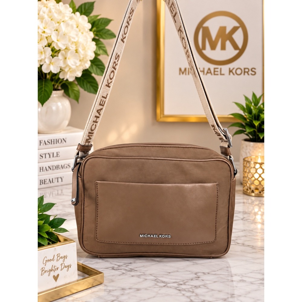 Michael Kors Brown Nylon Leather Logo Strap Crossbody Camera Bag